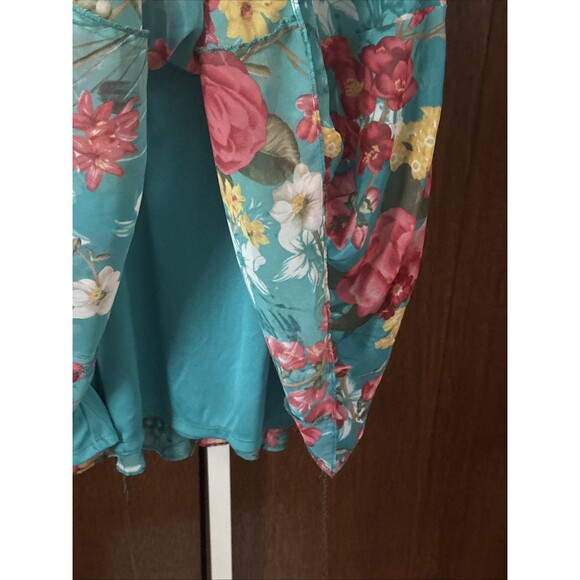 Evan Picone Lined Side Zip Dress Floral Teal Pockets Gathered Waist Size 14 - Picture 9 of 10
